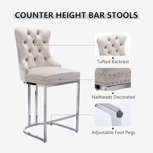 Butacos de altura para barra en terciopelo beige, juego de 4 unidades | Sillas tapizadas modernas para isla de cocina; asiento acolchado; patas metálicas cromadas; respaldo acolchado con botones miniatura 5