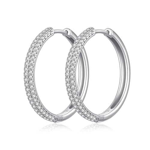 Jiahanzb 18 K brincos de ouro branco banhado mulher aros de prata de lei 925 de cristal zircónio cúbico Huggie polido espessura grandes círculo, 12 15 18 20 21 30 40 50 60 mm, Prata, Zircônia cúbica