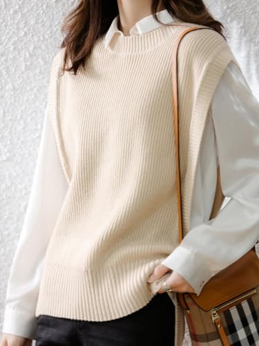 Image of Women's Sweater Vest Casual Round Neck Sleeveless Pullover Knit High Low Hem Side Button Ribbed Vest Top