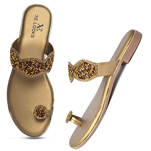 Image of XE Looks Women's Copper Gold Embellished Slippers | Stylish Glittering Design with Comfort Sole | Comfort and Durability Combined Slipper For Girls & Women