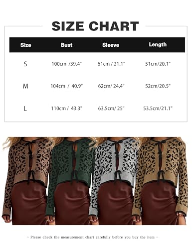 Image of Womens Loose Fit Leopard Print Cardigan Sweater Casual Long Sleeve Crewneck Tie Front Open Front Sweater Tops Apricot