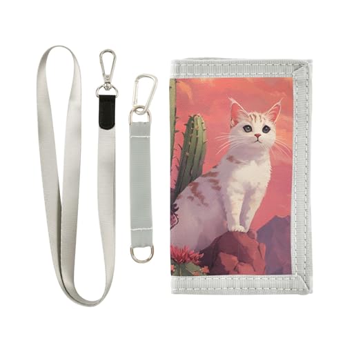 FOLIOSA Kids Wallet for Boys Girls Cactus Cats Print Youth Wallet with Zipper Pocket Card Holders, Novelty Wallet 4.9×2.9 in