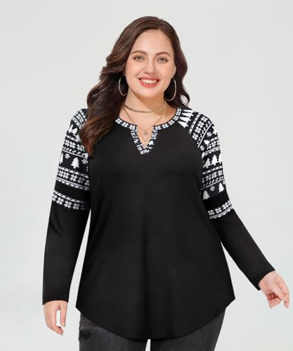 Image of CARCOS Plus Size Tops for Women Long Sleeve Fall Tunic Color Block Camo /Plaid /Leopard /Fall Blouse Crewneck Tshirt XL-5XL
