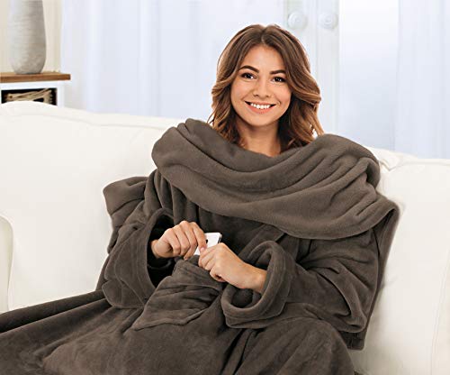 Gözze - Premium Kuscheldecke mit Ärmeln und Brusttasche, 150 x 240 cm - Braun – Ansicht 2