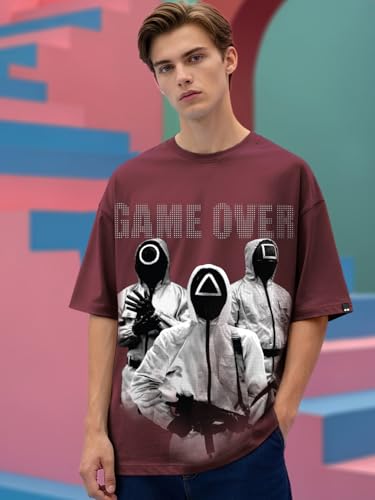 Image of Bewakoof X Squid Game Men's Cotton Graphic Print Oversized Fit Half Sleeve Round Neck T-Shirt | Casual Wear | Street Wear | Oversized t Shirt for Men Cotton | Baggy