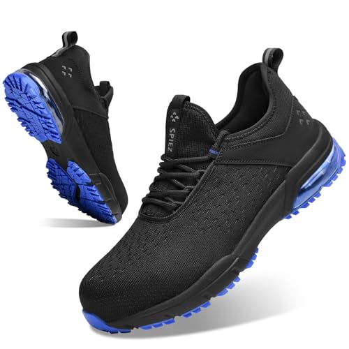 SPIEZ Safety Shoes for Men - Lightweight Composite Toe Work Shoes with Air Cushion, Non Slip Work Trainers Breathable, Black Blue, UK7