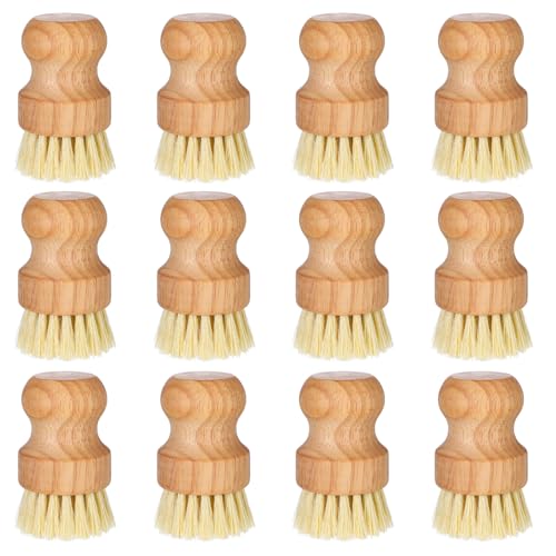 Meyeyaia - 12 Packs Bamboo Scrub Brush for Dishes, Wooden Dish Scrubber Brushes with Natural Sisal Bristle Full Circle Scrub Brush for Kitchen Cleaning Dishes Iron Pot Pan Sink
