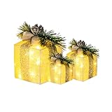 LINGZIPOWER New Year Gift Lighted Gift Boxes,Set of 3 Decorations with 60 Led Lights,Small,Medium and Large Boxes Decorations for Indoor or Outdoor Lawn and Courtyard(Warm White Light)