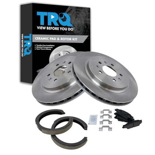 Image of TRQ Rear Brake Pad and Rotor Set Ceramic Rotors Parking Brake Shoes Code JE5 JL9 Compatible with 2005-2010 Cadillac STS