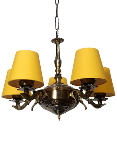 Image of Devansh 05 Lights Yellow conical Cotton Shade with Antique Golden Chandelier