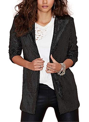 PROMLINK Women Sequin Cardigan Jacket Long Sleeve Sparkle Blazer Top Coat Black