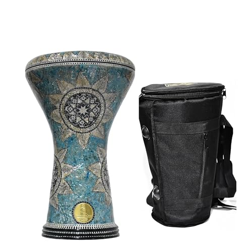 FAMA.store - Tambour Darbouka égyptien 17/17,5 cm arabe Doumbek – Nacre incrustée Tabla – avec étui de transport original et tête de battement supplémentaire (étoile de mer)
