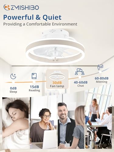 Image of ZMISHIBO Low Profile Ceiling Fans with Lights and Remote, 13 Inch Fandelier Ceiling Fan with Light, White Modern Flush Mount Ceiling Fan, Small Dimmable LED Fan Lights for Bedroom
