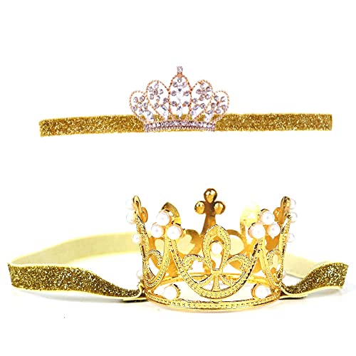 Nishine 2 Stück Baby Mädchen Krone Stirnband Prinzessin Diadem Kopfschmuck Set Kleinkind elastisches Stirnband(Gold)