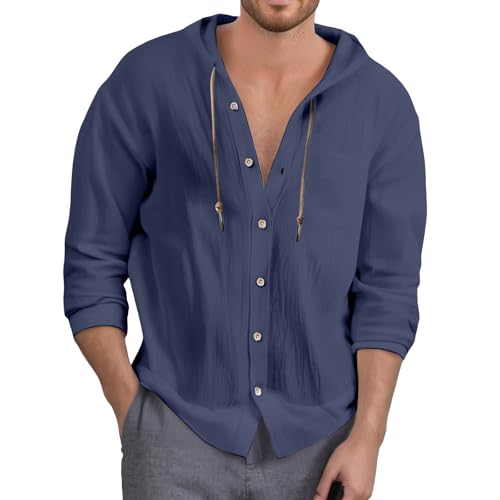 Generisch 2025 - Elegante camisa de hombre de color sólido con bolsillo, botones casuales y capucha, camiseta cómoda con estampado de hombre, marine, L