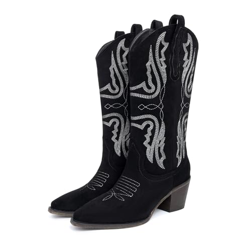 CKSNDLF Women's Cowboy Boots Western Mid-Calf Cowgirl Boots with Classic Embroidered Pointed Toe Block Heel Pull-On Shoes2
