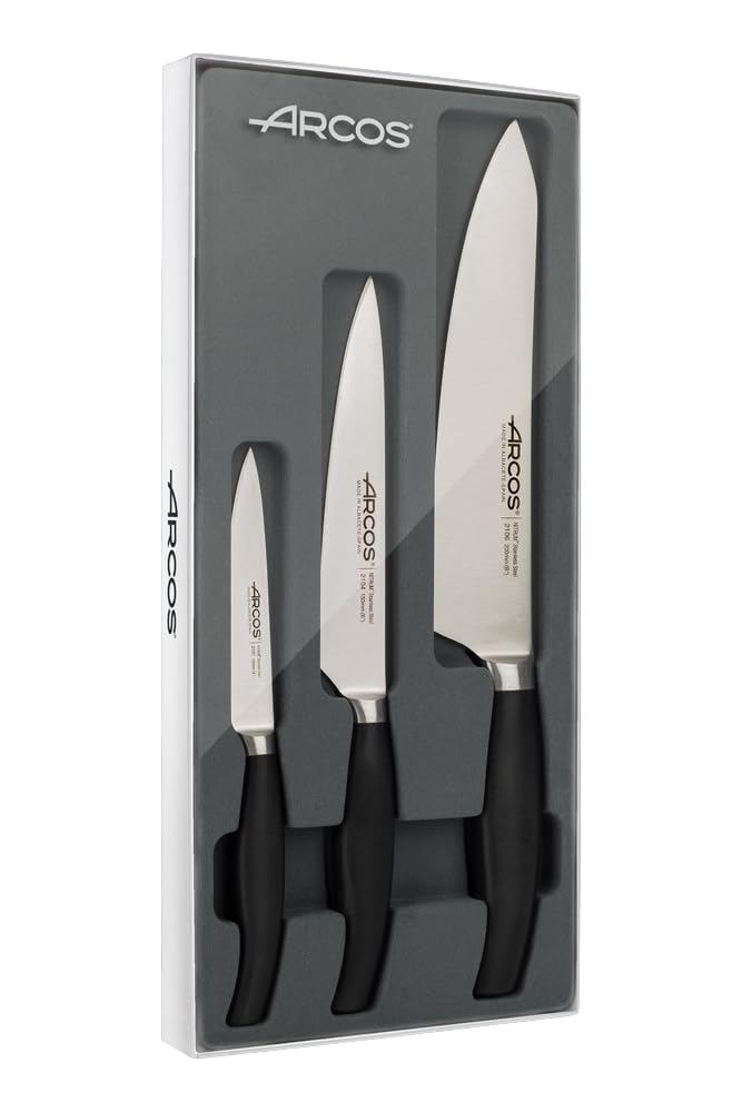 Arcos Set Coltelli da Cucina Forgiati 3 Pezzi (Coltello Pelare + Coltello Cucina + Coltello Chef) in Acciaio Inossidabile Nitrum – Manico in Polipropilene POM, Serie Clara, Colore Nero