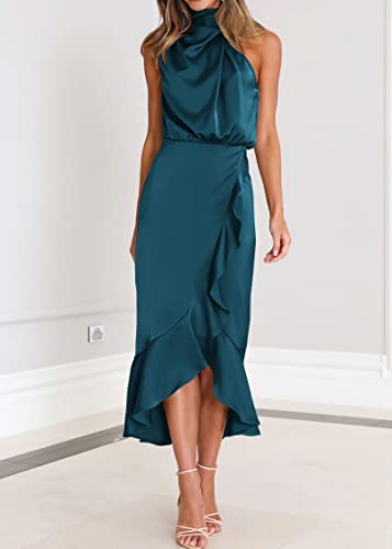 Image of KIRUNDO Women's Summer Satin Mock Neck Wedding Guest Dress | Party Cocktail Midi Dress, 2026 Spring Fashion, Silky, Elegant Classy Halter High Neck, Sleeveless Wrap Ruffle Formal Dress