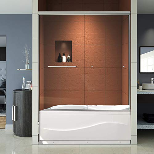 ELEGANT Bypass Sliding Bathtub Shower Door, Bathroom Double Sliding Tub Shower Door 58 1/2'' - 60'' W x 62'' H, 1/4'' Clear Glass, Brushed Nickel Finish