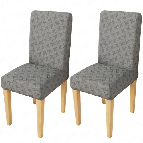Image of Lukzer Elastic Dining Chair Cover - 2PC Pastel Dark Grey Basket Weave | Textured High Stretch Jacquard Seat Cover | Removable Washable Short Dining Chair Cover Protector Seat Slipcover | (CC-111-02)