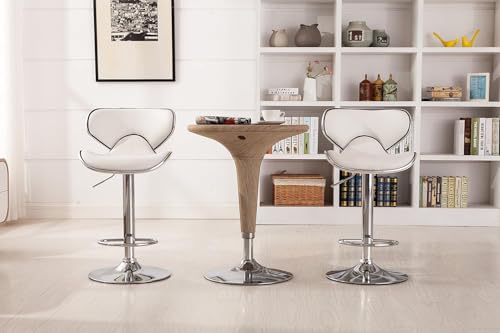 Image of Creative White Bar Stool Chair | Adjustable Hydraulic Gas Lift | PU Leather Cushion Seat | Chrome Metal Base | Modern Kitchen Counter, Bar, Cafe, Home Furniture | Pack of 1
