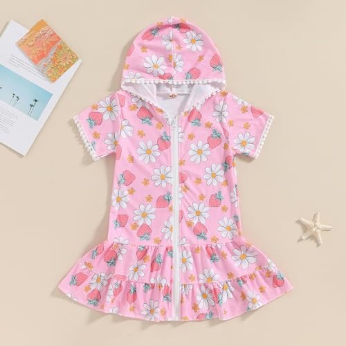 Image of Girls Swim Cover Up Kids Short Sleeve Swimsuit Coverups Terry Zip-Up Hoodies Beach Dress Ruffle Bathing Suit Wraps