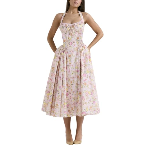 Image of Women Floral Corset Dress Halter Neck Low Cut Bustier Lace Midi Dress Flowy Pleated Hem Long Sundress with Pockets
