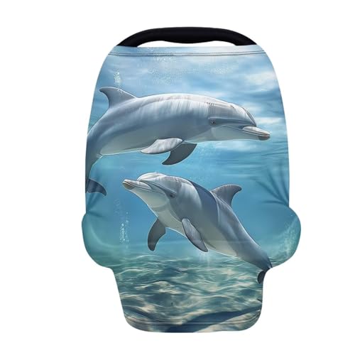 Image of ZFRXIGN Dolphin Baby Car Seat Cover Blue Ocean Theme Nursing Cover for Girls Soft Infant Carseat Canopy,Shopping Cart /High Chair /Stroller Covers, Baby Shower Gifts