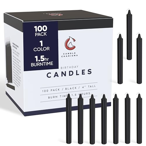 Candle Charisma 100 Black Spell Candles - 4" Unscented Paraffin Chime Candles, Smokeless & Dripless, Colored Candles, Long Burn Time 0.43" Thick Taper Candles for Rituals, Witchcraft and Parties