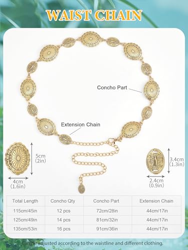 Image of FIORETTO Western Waist Chain Belt Metal Concho Belt for Women Cowgirl Cowboy Boho Country Belt for Dress Jean