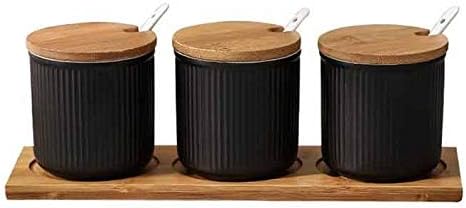 Seasoning Jar, Condiment Dispenser,Ceramic condiments jar， wooden tray spice jar， soy sauce pot salt sugar single can kitchen seasoning tool (Color : Blue, Size : 2 jars) ( Color : Green , Size : 3 ca