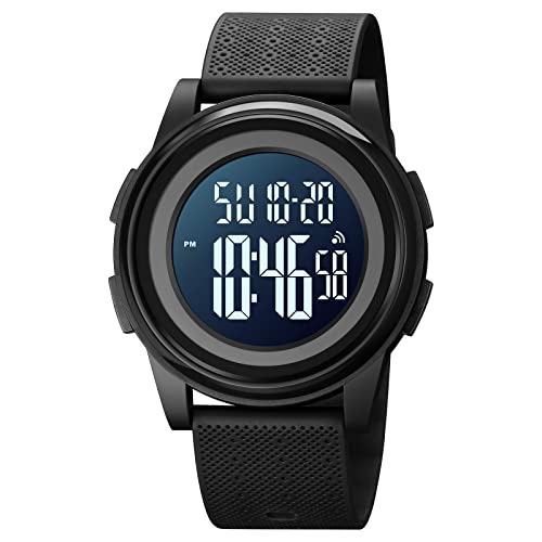 BIEWO Reloj deportivo digital para hombre, multifunción, números grandes, esfera grande, redondo, doble hora, impermeable, reloj de silicona para hombres/niños/estudiantes, 95-black/Black, Correa