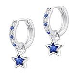 Glintara Hoop Earrings for Women Girls - 925 Sterling Silver Hoops Earrings with Star Dangle, Hypoallergenic Huggie Earrings Sapphire Cubic Zircon, Silver Small 12mm Dangly Drop Earrings for Daughter