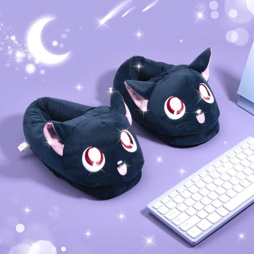 Cat Slippers | Cute Anime Kawaii Blue Moon Ears Fuzzy Plush Slip-On House Shoes | One Size Adults Women Men4