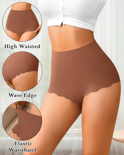 ASIMOON Seamless Underwear for Women No Show High Waisted Panties Tagless Wave Edge Full Coverage Ladies Briefs Multi Pack2