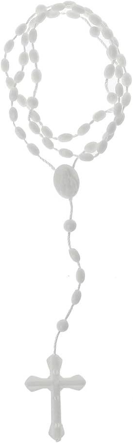 angwang Rosary Necklace,Plastic Rosary Beads Luminous Necklace Catholicism Prayer Religious Jewelry White
