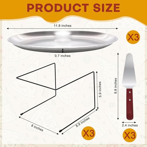9 Pieces Pizza Pan Riser Stands Sets with 3 Metal Pizza Table Stands 3 Pizza Pans and 3 Wood Handle Pie Server Pizza Serving Tray Display Stands for Pizza Party Dessert Cheese Baking (9 PCS) by PLUVAVA - Used condition - Image 2