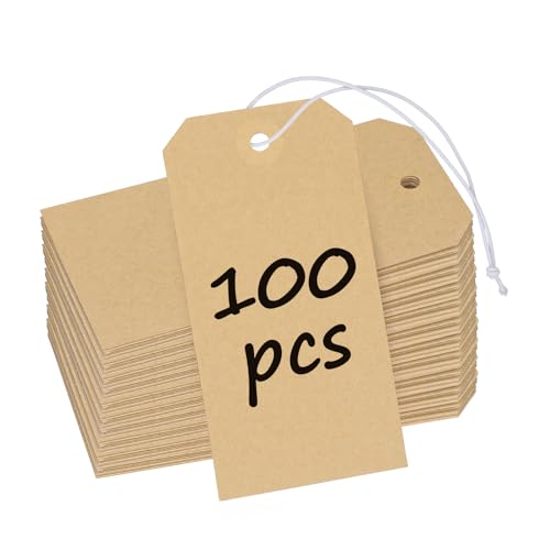 Uniclife Lot de 100 étiquettes vierges en papier kraft de 12 cm à suspendre - Étiquettes de prix inscriptibles - Étiquettes d'inventaire pour différentes occasions