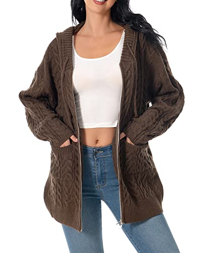 Image of Shineflow Women Hooded Cardigan Oversized Slouchy Zipper Cable Knit Cardigan Coat Solid Color Sweater Casual Knit Knitwear