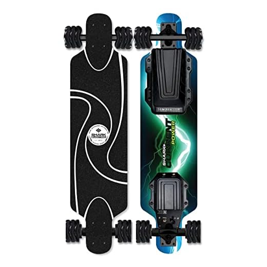 Shark Wheel Electric Power 38" Longboard with 95mm, 78A Black Megalodon Shark Wheels, 25.2 Mile Range Electric Skateboard, Wireless Remote with 4 Speed Options of 6.0MPH and up to 26.1MPH