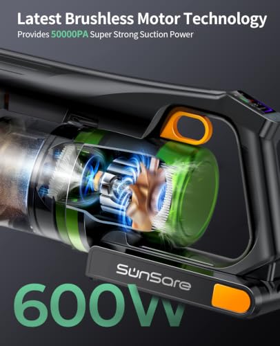 SunSare Aspirateur Balai sans Fil, 65Min 50Kpa 600W Aspirateur Balai sans Fil Puissant avec Parfumés, Écrans LED, 1,8L Capacité, Brosse Anti-Enchevêtrement pour Tapis/Sols/Poils d'animaux/Voiture