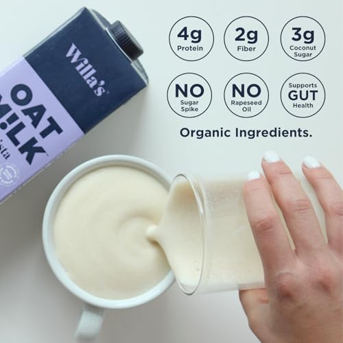 Willa's Organic Barista Oat Milk - Barista Blend Unsweetened Oatmilk and Creamer, Non-GMO, Shelf Stable, Low Sugar, Non-Dairy Milk, Made from Whole Grain Oats, For Foams and Froth, 32oz, Pack of 1