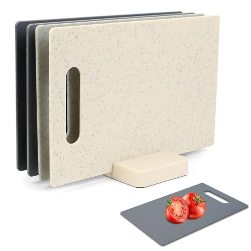 Schneidebrett Set mit Ständer 4 Stück Frühstücksbrettchen mit Ständer Schneidebretter Kunststoff Schneidebretter Set Küchenbrett Frühstücksbrettchen Spülmaschinenfest Cutting Board Set mit Sockel