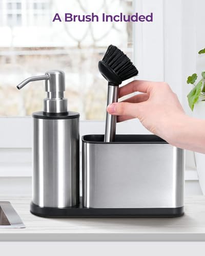 Oriware Kitchen Sink Caddy with Soap Dispenser, Multi-Purpose Liquid Dish Soap Dispenser with Brush and Stainless Steel Sponge Holder - Image 6