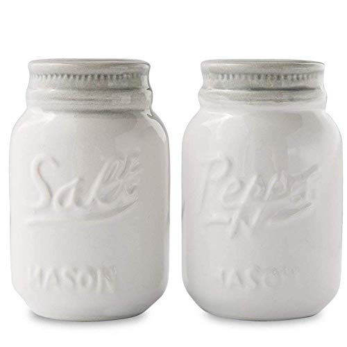 Vintage Mason Jar Salt Pepper Shakers by Comfify - Adorable Decorative Mason Jar Décor for Vintage Rustic Shabby Chic - Sturdy Ceramic in White - 35 oz Cap