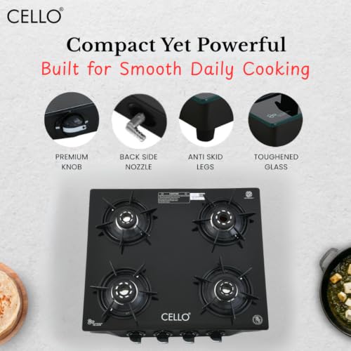 Image of Cello Dezire Plus 4 Burner Gas Stove | 6mm Toughened Glass | Manual Ignition | ISI Certified | Rapid Alloy Burnes | 1 Year Warranty | Hexa Pan Supports