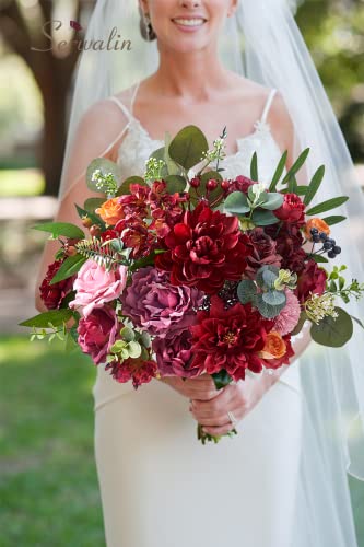 Serwalin Artificial Flowers Combo Dahlia Fake Flowers Silk Roses For Diy Wedding Bridal Bouquets Burgundy Pink Centerpieces Arrangements Party Baby Shower Home Decorations(Burgundy) #TOP1