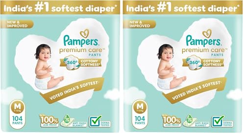 Image of Pampers Premium Care Pant Style Baby Diapers | Medium (M size) | 104 Count | Voted India's Softest | All-in-1 with 360 Cottony Softness Diapers | 7-12kg (Pack of 2)