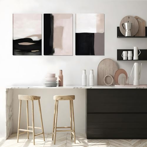 AKWISH Abstract Canvas Wall Art Set of 3, Modern Beige Black and White Wall Decor, Neutral Abstract Artwork Poster Prints Painting for Living Room, Bedroom, Dining Room, Framed 12x16 In - Thumbnail 5
