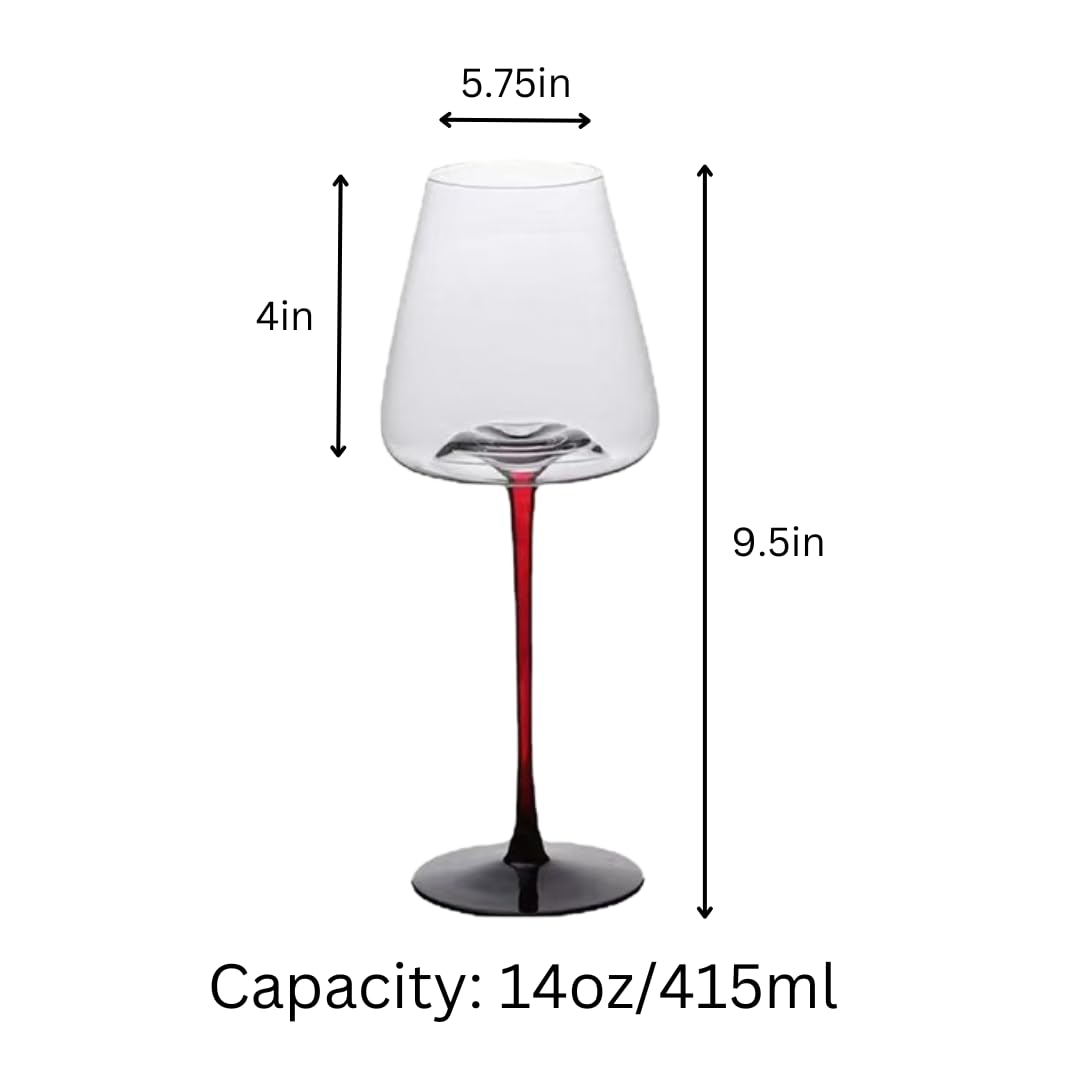 LEMONSODA Juego de 4 copas de vino cóncavas grandes, tallo rojo de lujo y parte inferior negra para vino tinto y blanco, cristalería hecha a mano de primera calidad para bares domésticos de lujo, 16